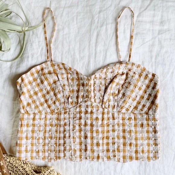 Anthropologie Maeve Gingham Crop Top EUC Embroidered Floral Smocked Tank Corset - Picture 2 of 11